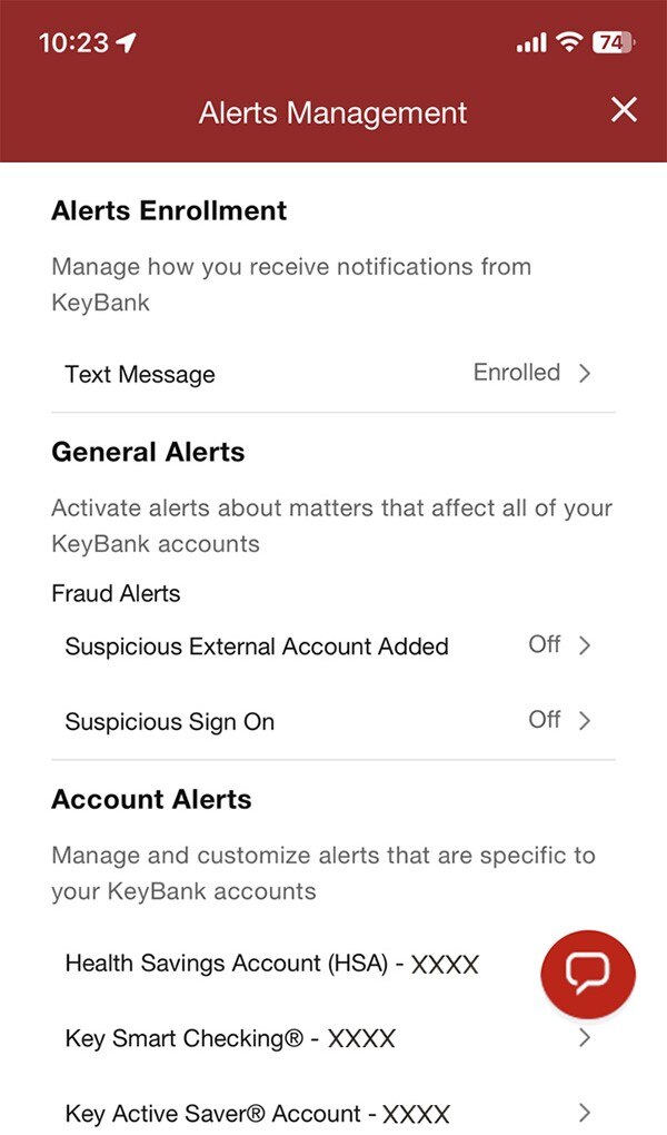 An image showing the alerts settings in the KeyBank mobile app