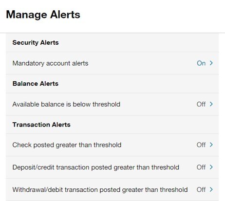 A screen capture of the Manage Alerts section through desktop online banking