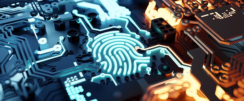 Online and Digital biometric fingerprint security concept. Network and personal identity computer hardware. 3D illustration.