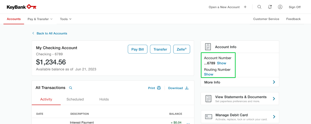 Screenshot of account number location in online banking