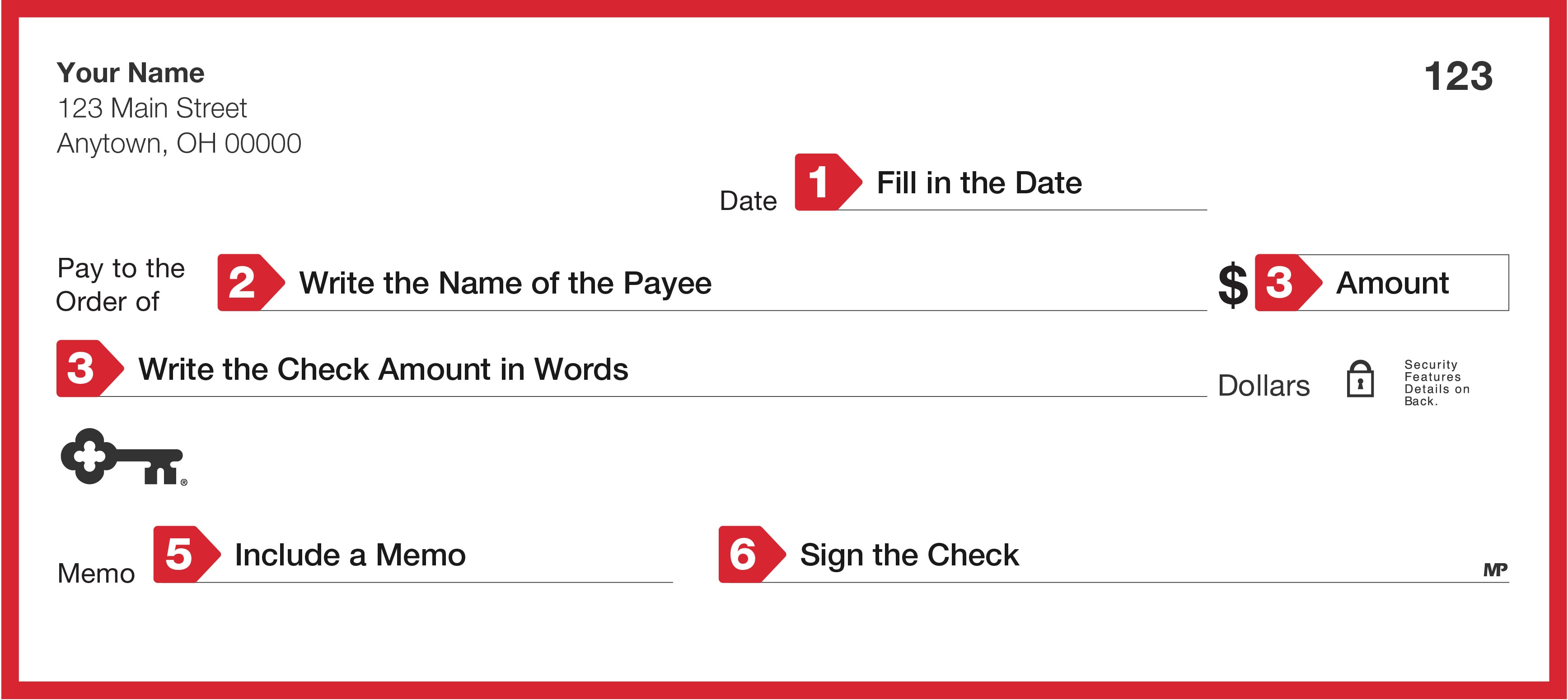 a personal check with an arrow pointing to the date, a personal check with an arrow pointing to 'pay to the order of', a personal check with an arrow pointing to the payment amount number, a personal check with an arrow pointing to the payment amount in words, a personal check with an arrow pointing to the memo, a personal check with an arrow pointing to the signature